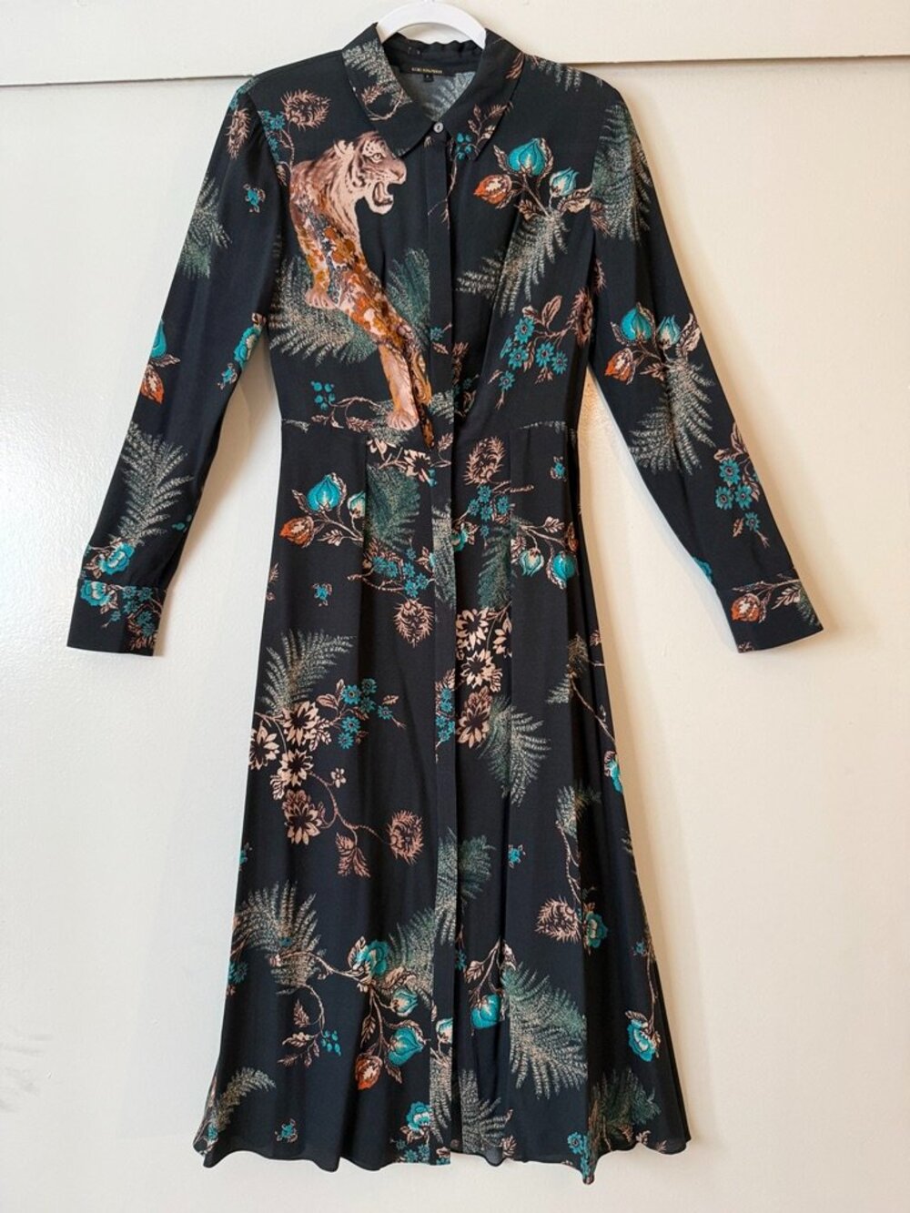 Kobi Halperin Tiger Botanical Print Midi Shirt Dress Green - Size S